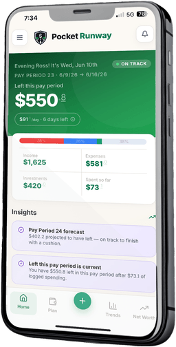 Pocket Runway home screen showing the daily spending allowance and pay cycle budget